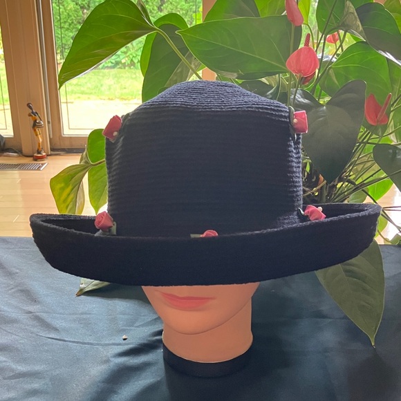 Black Chenille Hat with Pink Flower Accents - Picture 1 of 6